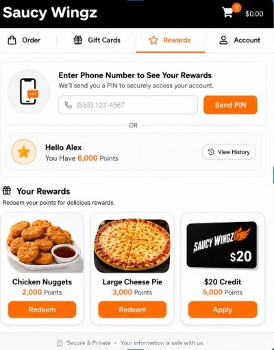 Restaurant loyalty phone PIN and rewards screen
