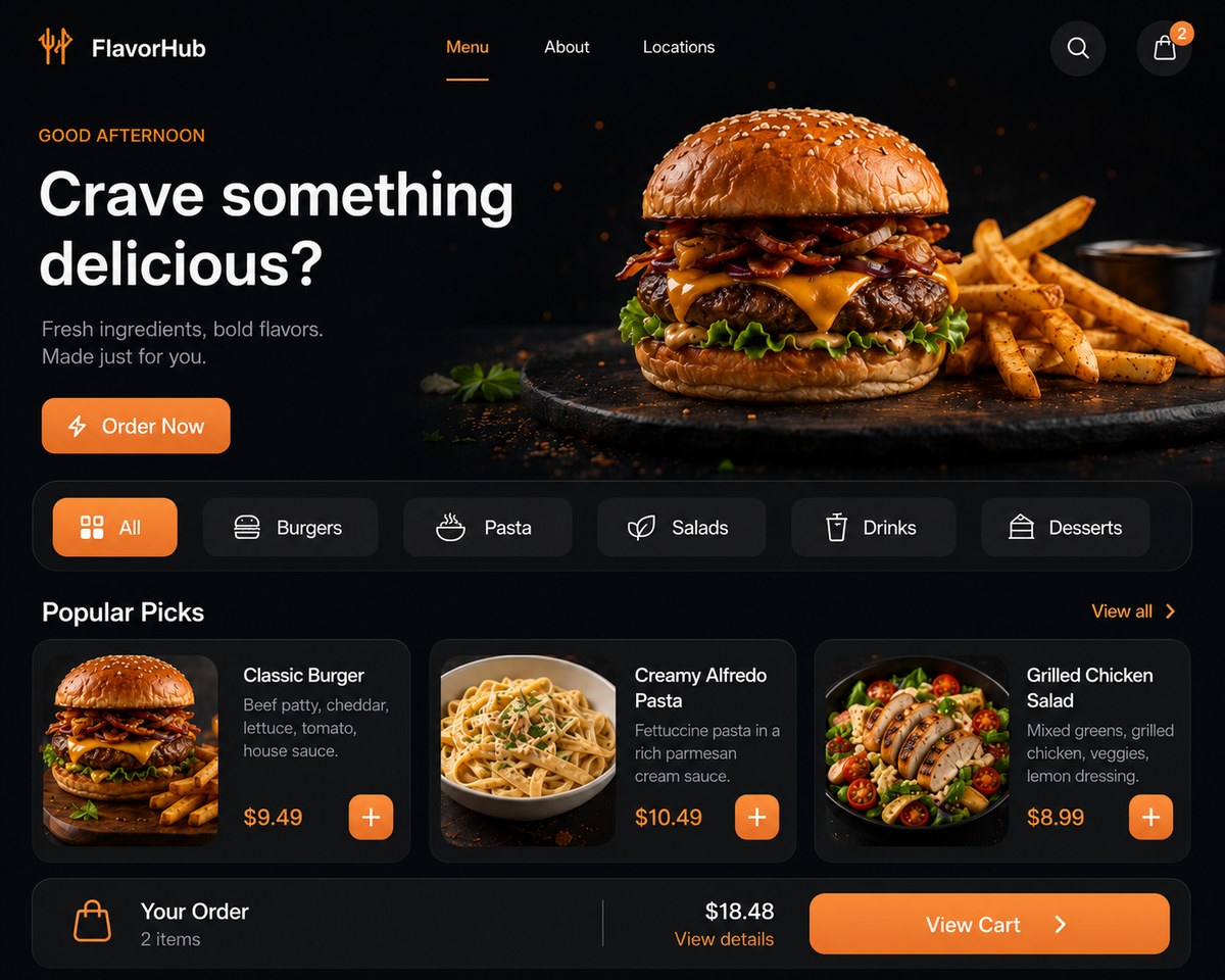 Dark premium food-first online ordering template