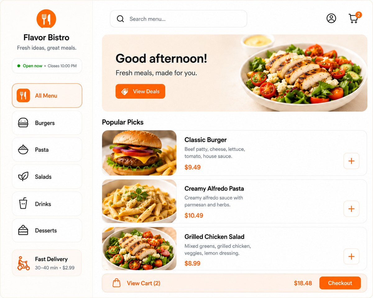 Light sidebar online ordering template for large menus